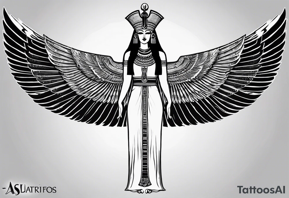 black and white Egyptian goddess Isis, who is often depicted as a woman with outstretched wings, holding an ankh (a symbol of life) in one hand and a lotus flower in the other. Her headdress often includes a throne or a solar disk. The tattoo design can vary in style and size, but it typically aims to capture the essence of this revered Egyptian deity, emphasizing her beauty, power, and maternal qualities. The choice of colors and additional elements can also be customized to create a unique and visually striking representation of the goddess Isis tattoo idea