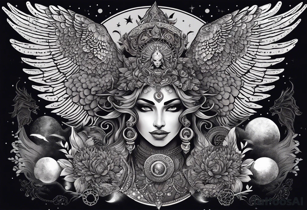black kali, goddess pirate, alien, angel, pachamama, valkrye, warrior, flying, skull, lotus azul, wing, eagle, zenza resonance, stars, 5D, anahata chakra, death, durga, riding on a tiger, flying lady, kundalini, chest tatoo, samuri, rebel,serpent tattoo idea
