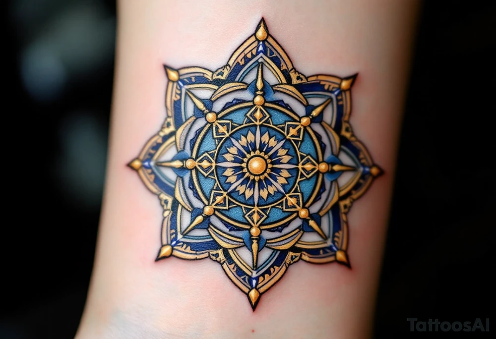 Golden Dharma Wheel with eight spokes in deep gold and royal blue, symbolizing the Noble Eightfold Path. tattoo idea