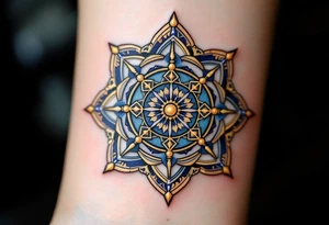 Golden Dharma Wheel with eight spokes in deep gold and royal blue, symbolizing the Noble Eightfold Path. tattoo idea