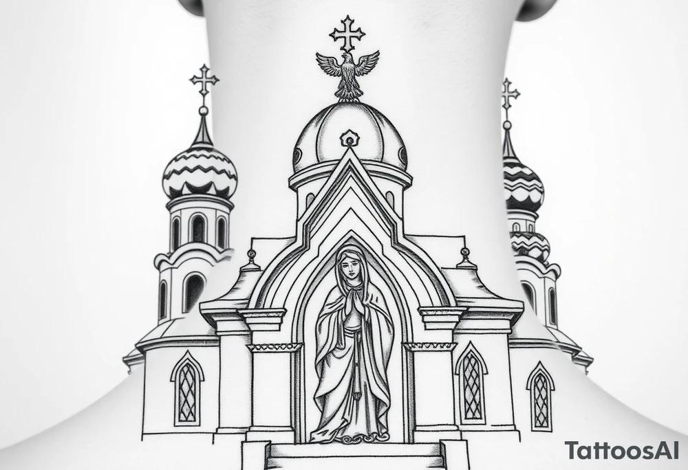 Flowing Scene

A onion domes orthodox church
Virgin Mary in prayer pose on the front doors of the russian orthodox church 
A small double headed russian coat of arms eagle or just the star tucked above the dome near the hairline tattoo idea
