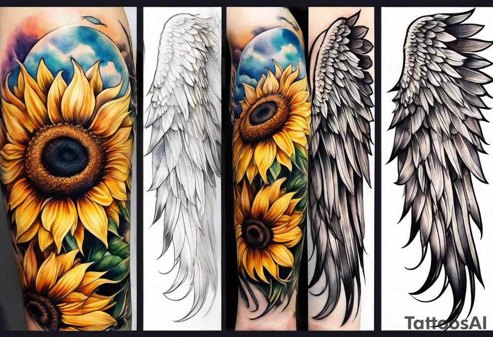Sunflowers and angel wings leg sleeve tattoo idea