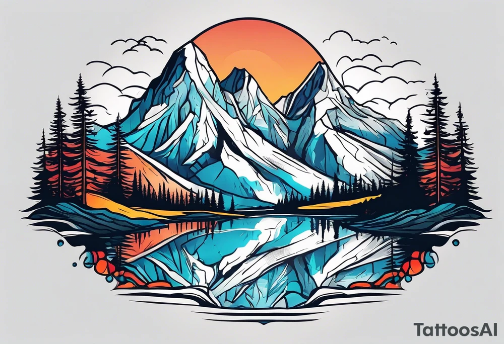 Mountains with water and name Caiden and Sawyer tattoo idea