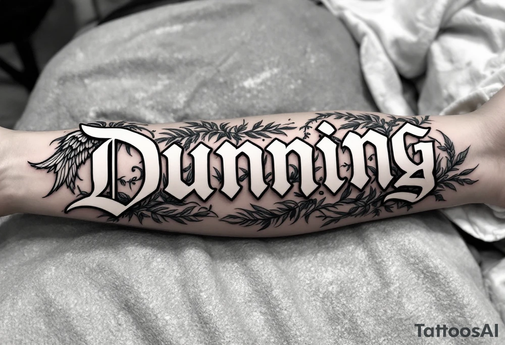 Dunning, left forearm details include angel wing, greek type of font,jungle leaves, name is big and in white color tattoo idea