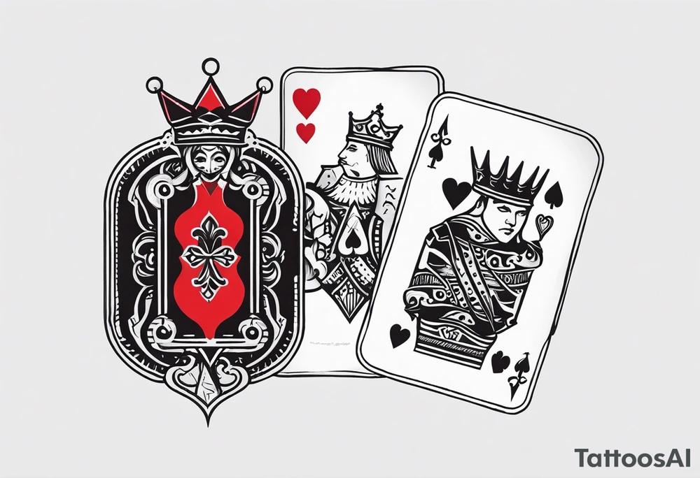 one combined tatto in minimalistic style with icon style three king of spades and icon style one queen of hearts tattoo idea
