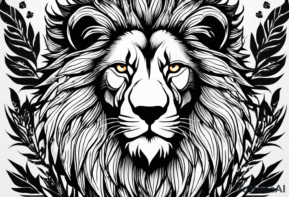 a face of a fearless lion combined whit a face of a fearless wolf in the wood tattoo idea