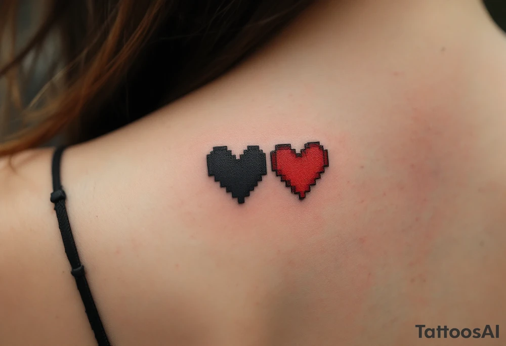 A black-and-red pixel heart duo for gamer couples, each missing half the pixels. tattoo idea