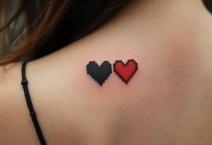 A black-and-red pixel heart duo for gamer couples, each missing half the pixels. tattoo idea