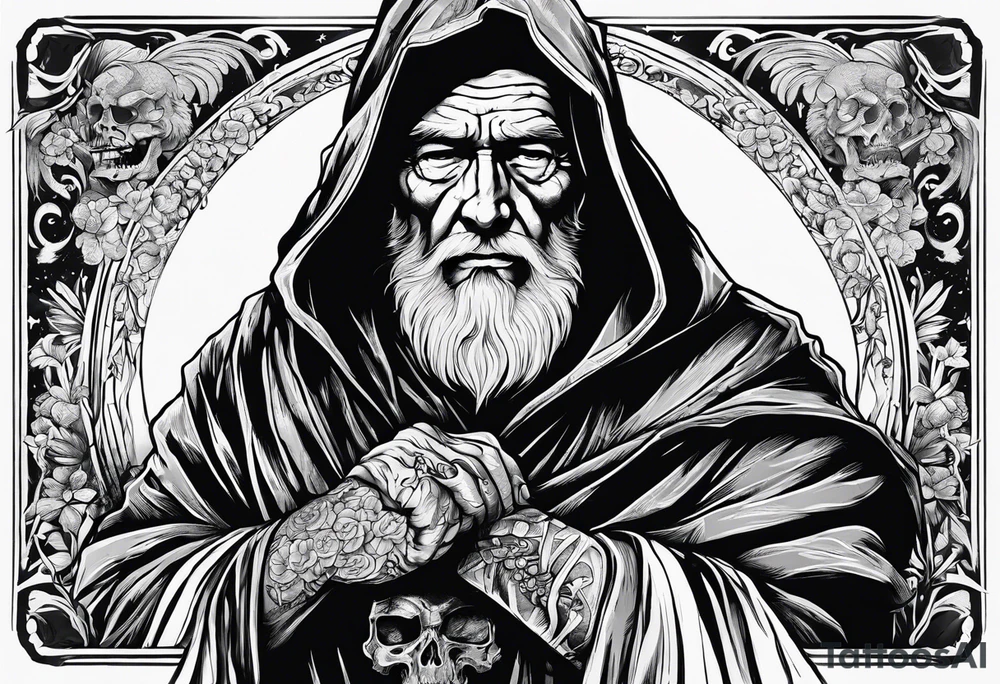 old man in cloak wrestling with a skeleton tattoo idea