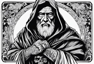 old man in cloak wrestling with a skeleton tattoo idea