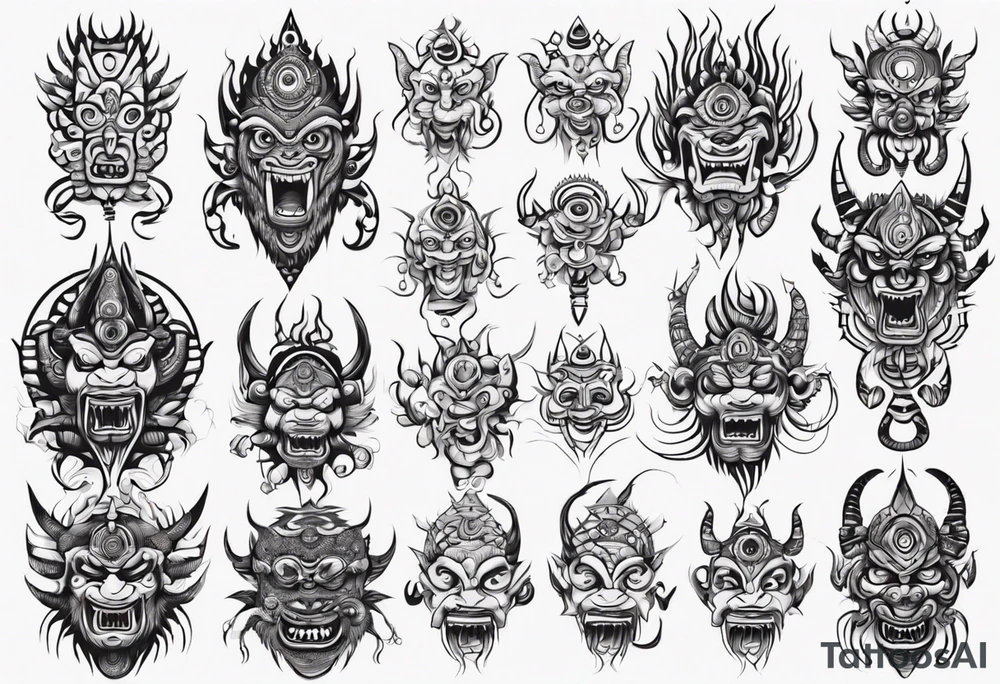 Hindu monster with connecting lines going out of it tattoo idea