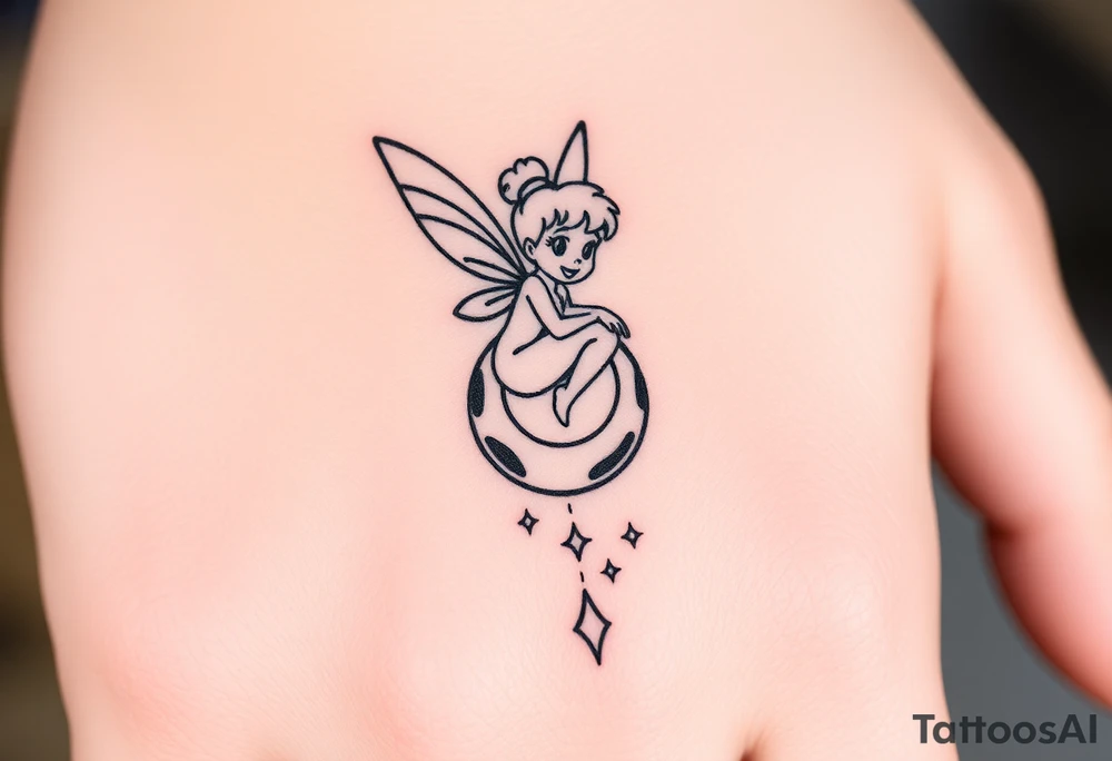 Tinkerbell sitting on a crest moon thrown pixie dust tattoo idea