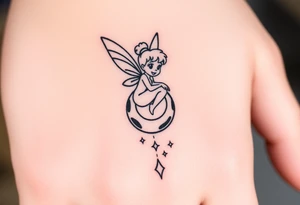 Tinkerbell sitting on a crest moon thrown pixie dust tattoo idea