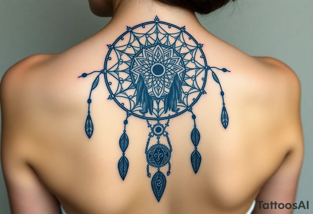 Dreamcatcher with zodiac symbols and protection runes caught in it with wolf teal tattoo idea