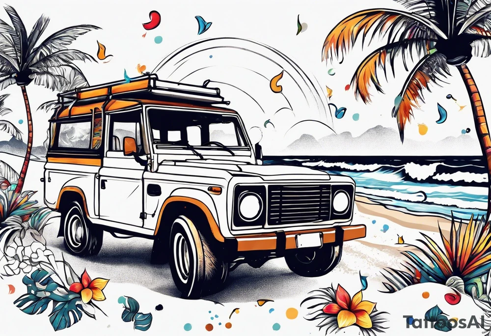 SURFING SAFARI BEACH DANCE 
PARTY WITH CONFETTI AND MUSIC NOTES, TROPICAL DRINKS, SEXY BIKINIS tattoo idea