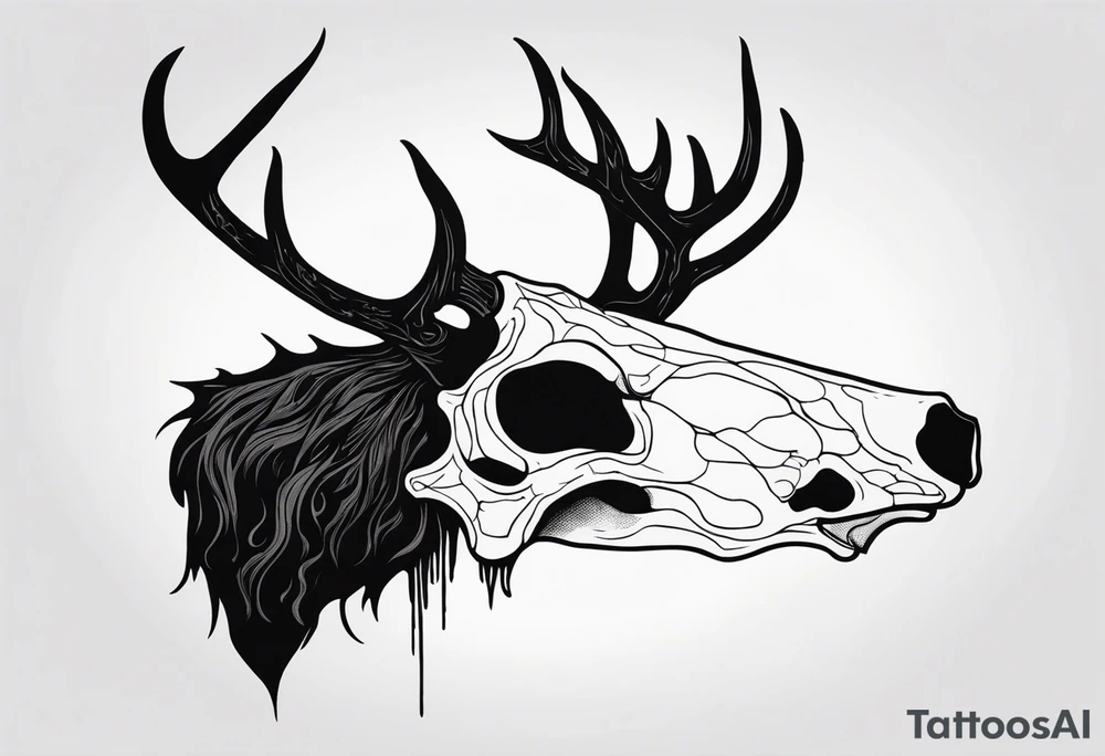 side profile of a DECAYING deer skull JUST BONE lore accurate wendigo surrounded by a flames and trees tattoo idea