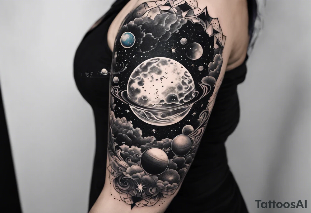 A tattoo featuring a cosmic scene with planets, black holes, and supernovae intertwined with intricate linguistic symbols, reflecting the client's interests in cosmology and linguistics. tattoo idea