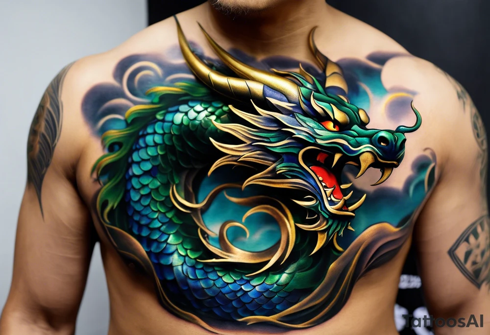 3D Tattoo: An epic with no wings, floating. Its long body coiling dynamically, with scales and horns detailed to create a sense of movement and strength. The dragon's main color is midnight blue but features little accents in dark green and gold, giving a vibrant depth and a mystical aura. This tattoo highlights the dragon’s fierce expression and sharp claws as it wraps protectively around the leg. Style: 3D tattoo idea