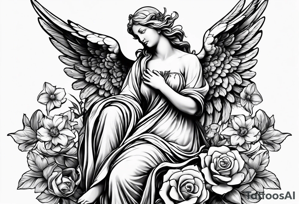 Angel statue stood on a rock with daffodils and roses wrapped around its legs tattoo idea