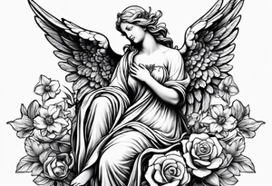 Angel statue stood on a rock with daffodils and roses wrapped around its legs tattoo idea