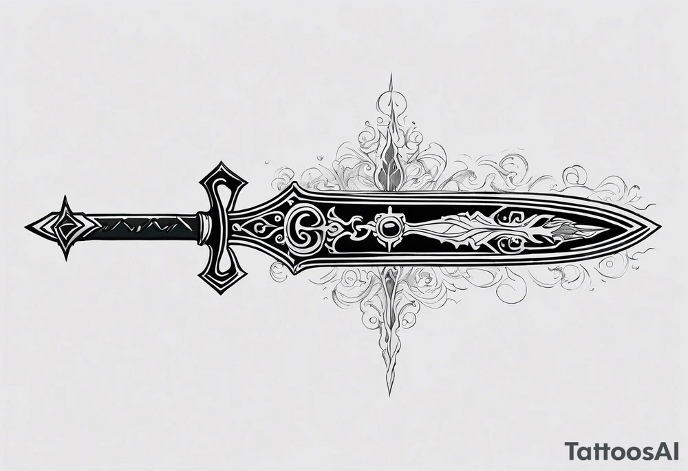 refined, detailed drawing of the Master Sword with the blade partially wrapped in ethereal elemental symbols: flames licking up one side, water flowing down the other, roots climbing the hilt, and wind swirling around the tip. The elements are subtly integrated, creating a harmonious design. tattoo idea