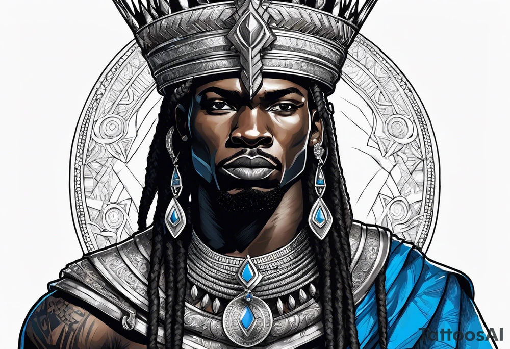 Black-skinned african warrior king with a simple silver crown. He uses blue necklaces and has a sword tattoo idea