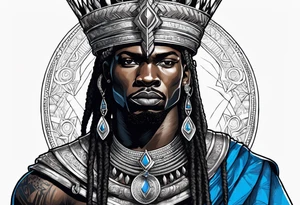 Black-skinned african warrior king with a simple silver crown. He uses blue necklaces and has a sword tattoo idea