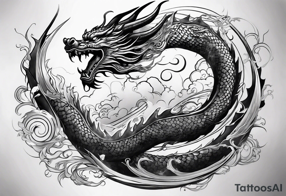 An epic floating asian dragon. Its long body coiling dynamically, with scales and horns detailed to create a sense of movement and strength. The dragon's giving a vibrant depth and a mystical aura. This tattoo highlights the dragon’s fierce expression and sharp claws. tattoo idea