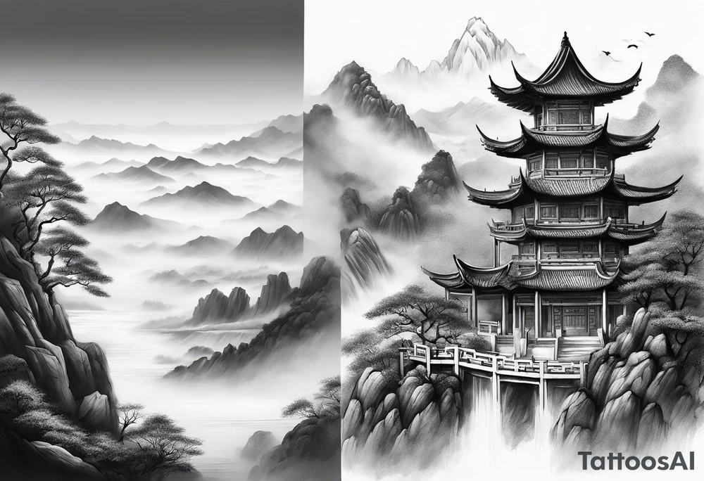 forearm sleeve traditional chinese art painting style autumn mountains mist fog water Chinese temple female with pony tail wearing robes seated meditating in the distance tattoo idea
