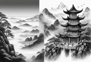 forearm sleeve traditional chinese art painting style autumn mountains mist fog water Chinese temple female with pony tail wearing robes seated meditating in the distance tattoo idea