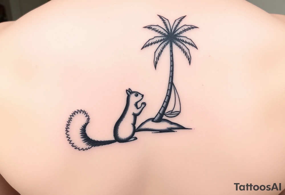 A boy squirrel and a girly squirrel on an island under a palm tree with a sailboat close by tattoo idea