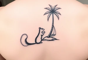 A boy squirrel and a girly squirrel on an island under a palm tree with a sailboat close by tattoo idea