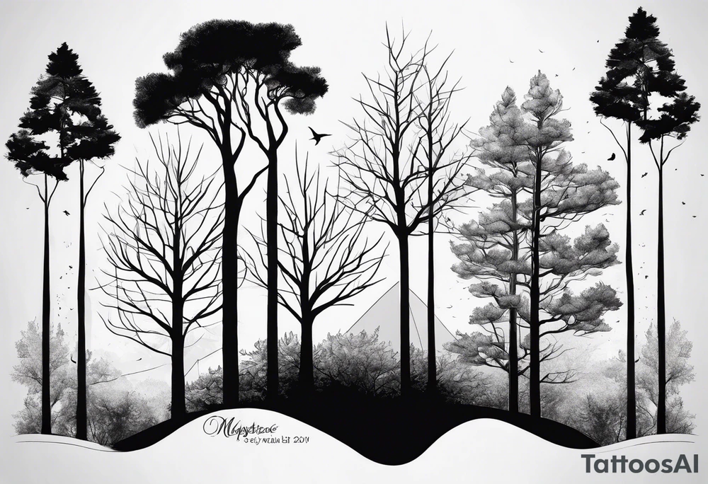 close up line drawing of 5 trees tattoo idea