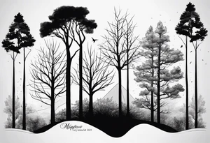 close up line drawing of 5 trees tattoo idea