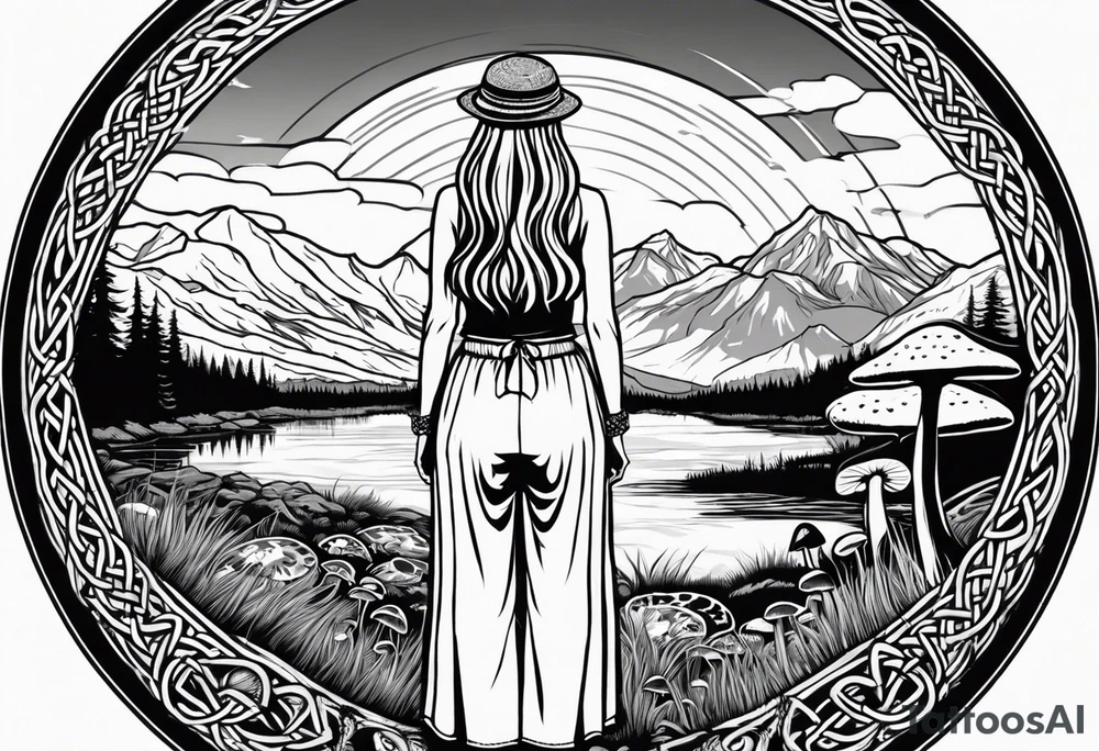 Whole picture encircled fully

Straight long blonde hair hippie girl in distance holding mushrooms in hand facing away toward mountains and creek surrounded by mushrooms long sleeve shirt and hiking pants; whole rendering within a full celtic circle, no cut off circle tattoo idea