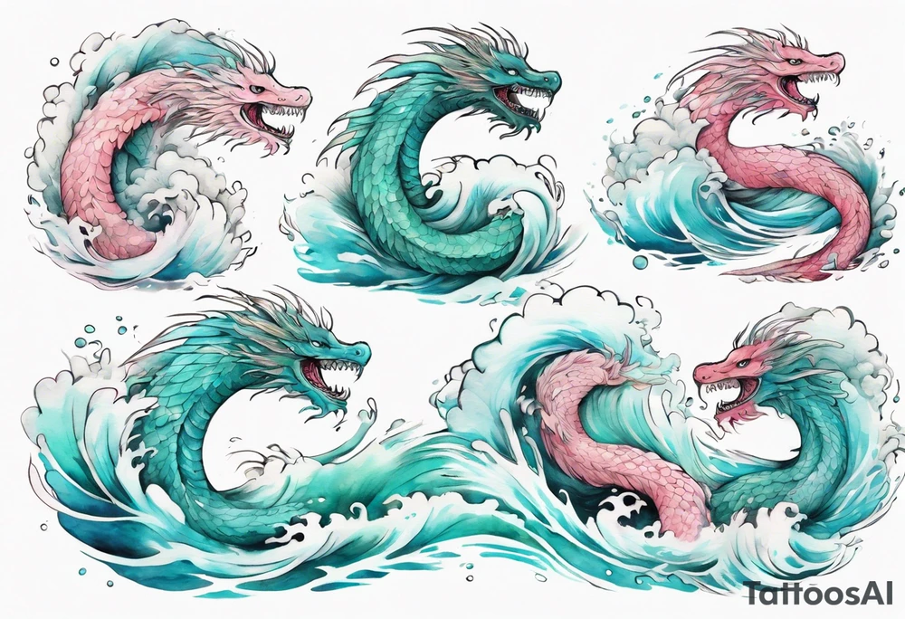 a turquoise and white and pink feathered sea serpent emerging from the stormy sea, pretty tattoo idea