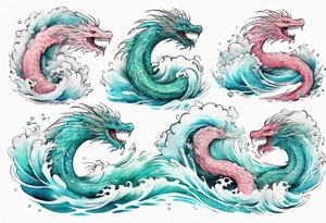 a turquoise and white and pink feathered sea serpent emerging from the stormy sea, pretty tattoo idea