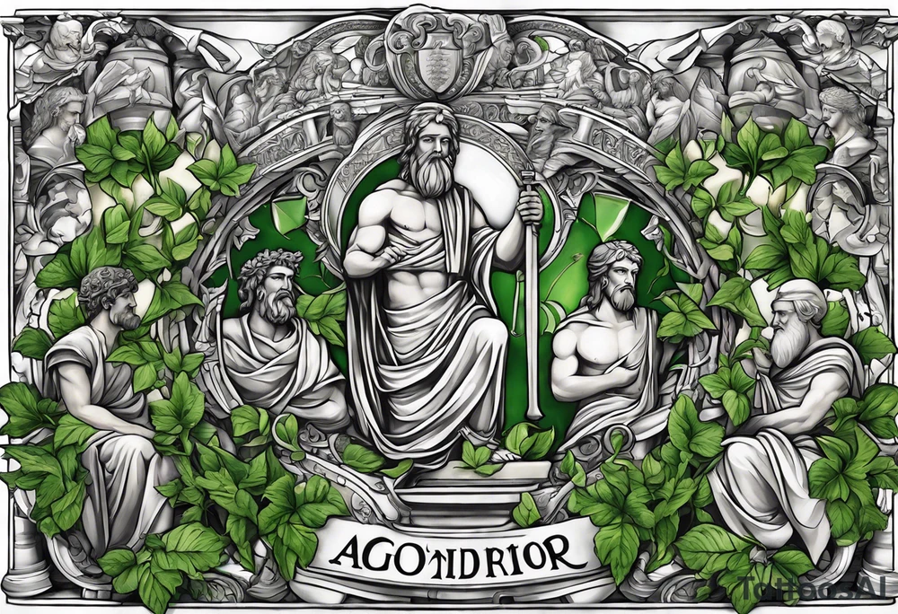 a tattoo full sleeve of stoic heroes in statue form including plato, socrates, alexander the great, julius ceasar, aristotle, pythagorus and william marshal. small amounts of Green english vine plant running through the whole tattoo. all fit on one arm. tattoo idea