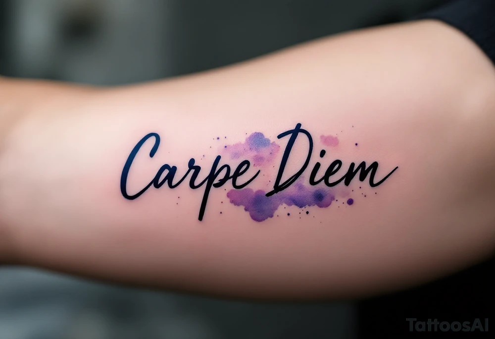 "Carpe Diem" in dark navy ink, placed over a soft watercolor galaxy in shades of purple and blue. tattoo idea