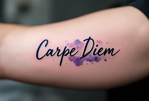 "Carpe Diem" in dark navy ink, placed over a soft watercolor galaxy in shades of purple and blue. tattoo idea