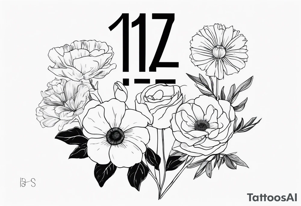 I want a BTS kpop group tattoo where the members flower month are made into a bouquet and the love yourself album cover is ingraded into the background in white, with a number 7 somewhere tattoo idea