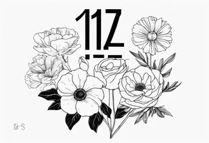 I want a BTS kpop group tattoo where the members flower month are made into a bouquet and the love yourself album cover is ingraded into the background in white, with a number 7 somewhere tattoo idea