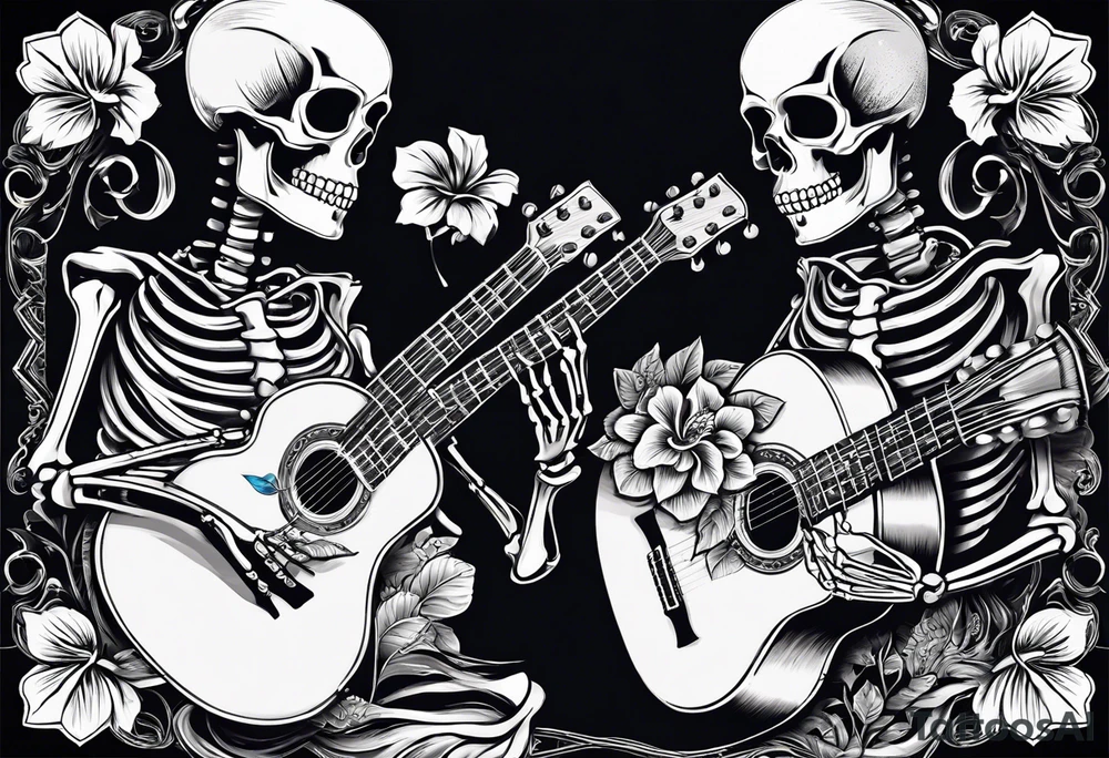 a male and a female skeleton. The male skeleton is playing the guitar. The female skeleton has a hibiscus flower. tattoo idea