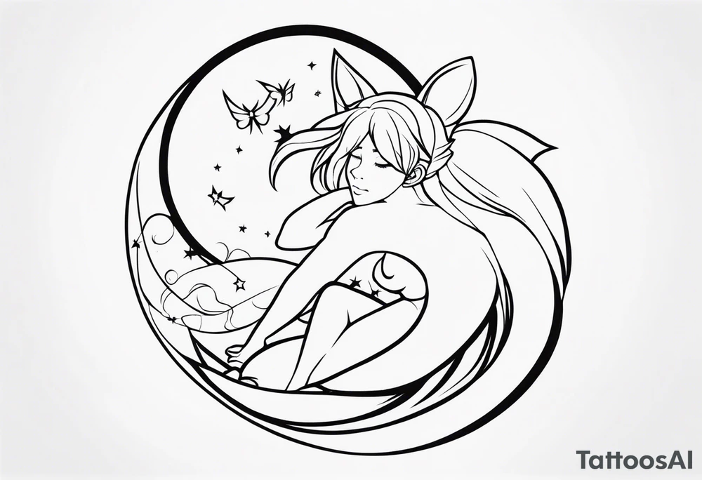 No color fairy with a tail inspired by the logo of the anime show called Fairy Tail in a fetal position leaning in and forward while sleeping tattoo idea