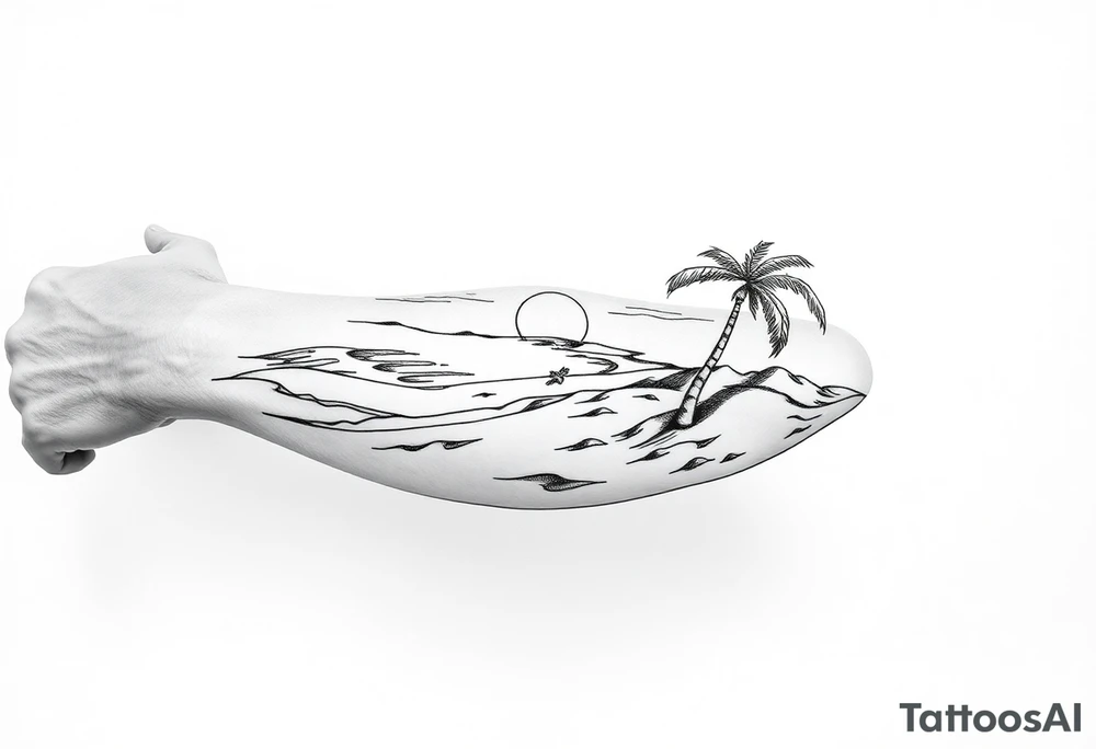 fine line, peaceful, serene, timeless, ocean, sand, palm tree, sun tattoo idea