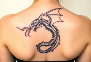 fierce dragon breathing iridescent fire against stormy skies tattoo idea