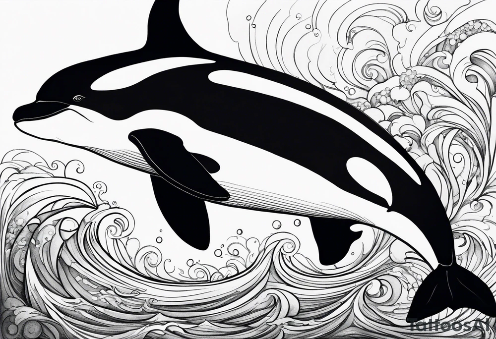 A male orca, black tattoo, 6-7 cm. sun beams in water, male orca diving down, tattoo viewpoint is half in water half out but mostly underwater with sunbeams shining through. maybe in a circle or square. tattoo idea
