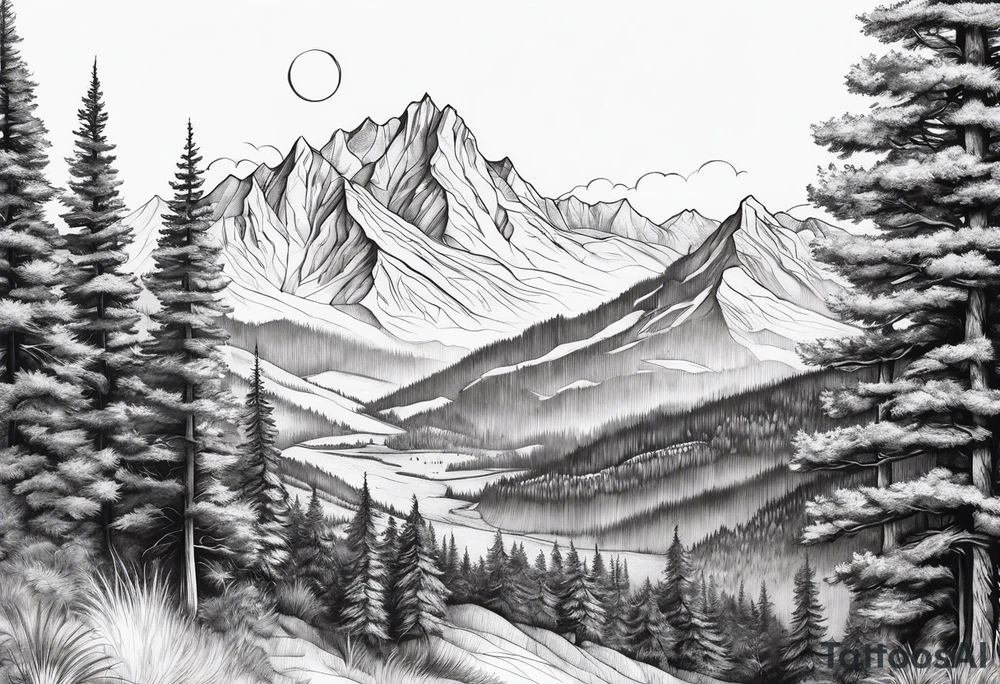 Mountains valley trees tattoo idea