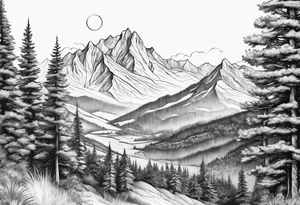 Mountains valley trees tattoo idea