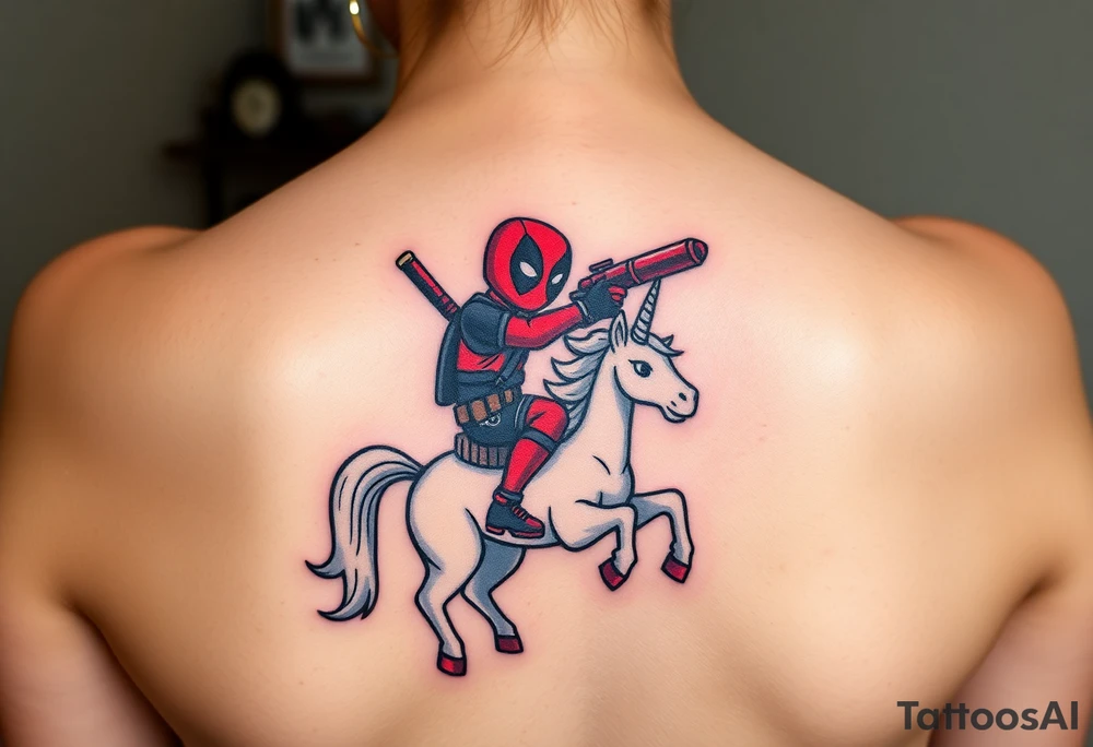 Deadpool riding unicorn pointing rocket propelled grenade launcher tattoo idea